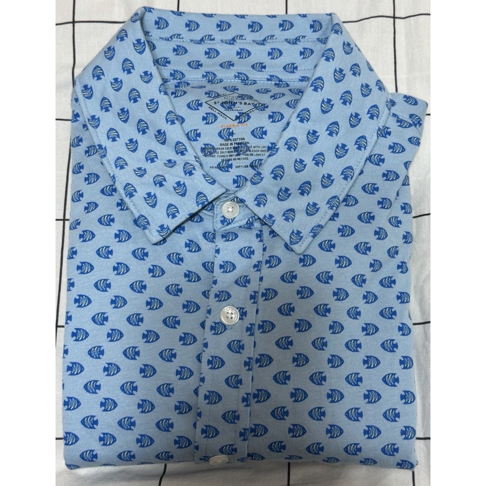 St John's Bay Short Sleeve Button Down Shirt Men's Large Blue Classic Fit Fish